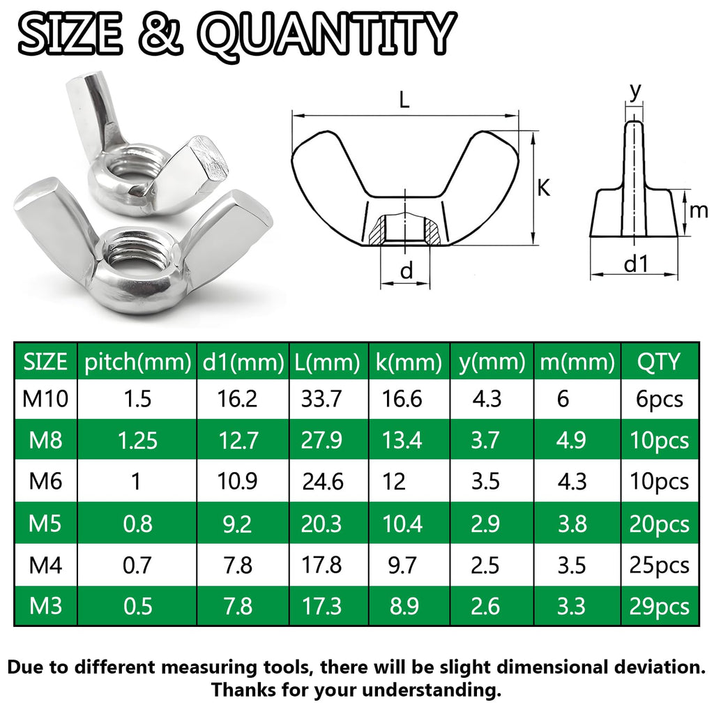 Aienxn 100PCS Metric Sizes Wing Nuts Assortment Kit, 304 Stainless Steel M3, M4, M5, M6, M8, M10, Parts Butterfly Wing Nut, Wingnuts Fasteners