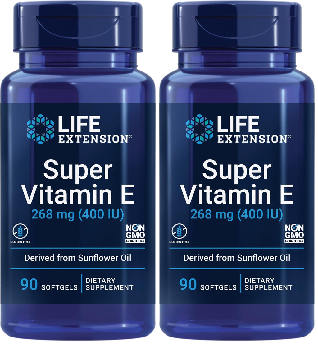 Life Extension Super Vitamin E,268 mg (400 IU),Non-Synthetic Vitamin E Supplement Promotes Whole-Body Health,Gluten-Free,Non-GMO,90 softgels,(Pack of 2)