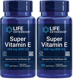 Life Extension Super Vitamin E,268 mg (400 IU),Non-Synthetic Vitamin E Supplement Promotes Whole-Body Health,Gluten-Free,Non-GMO,90 softgels,(Pack of 2)