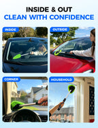 XINDELL Interior Windshield Cleaner Tool – Car Interior Window Cleaning Kit with Extendable Handle & 4 Microfiber Pads, Auto Wiper Inside Compact Windshield Brush for Car & Home Windows