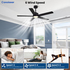 Conciseer Modern Ceiling Fans with Lights,52 Inch Ceiling Fans with Remote for Bedroom Living Room Kitchen, 18W 6CCT Dimmable，5 Blades 6 Speed Reversible Quiet DC Motor Black