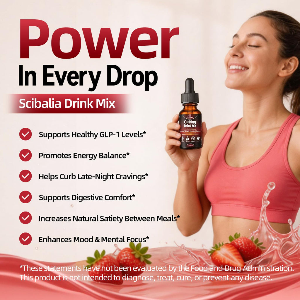 Scibalia Cutting Mix Drink Liquid Drops, Metabolism & Satiety Support w. Berberine Yerba Mate Magensium Chromium FOS & 5-HTP for Energy & Gut Health, Strawberry Acai Flavor 30 Servings