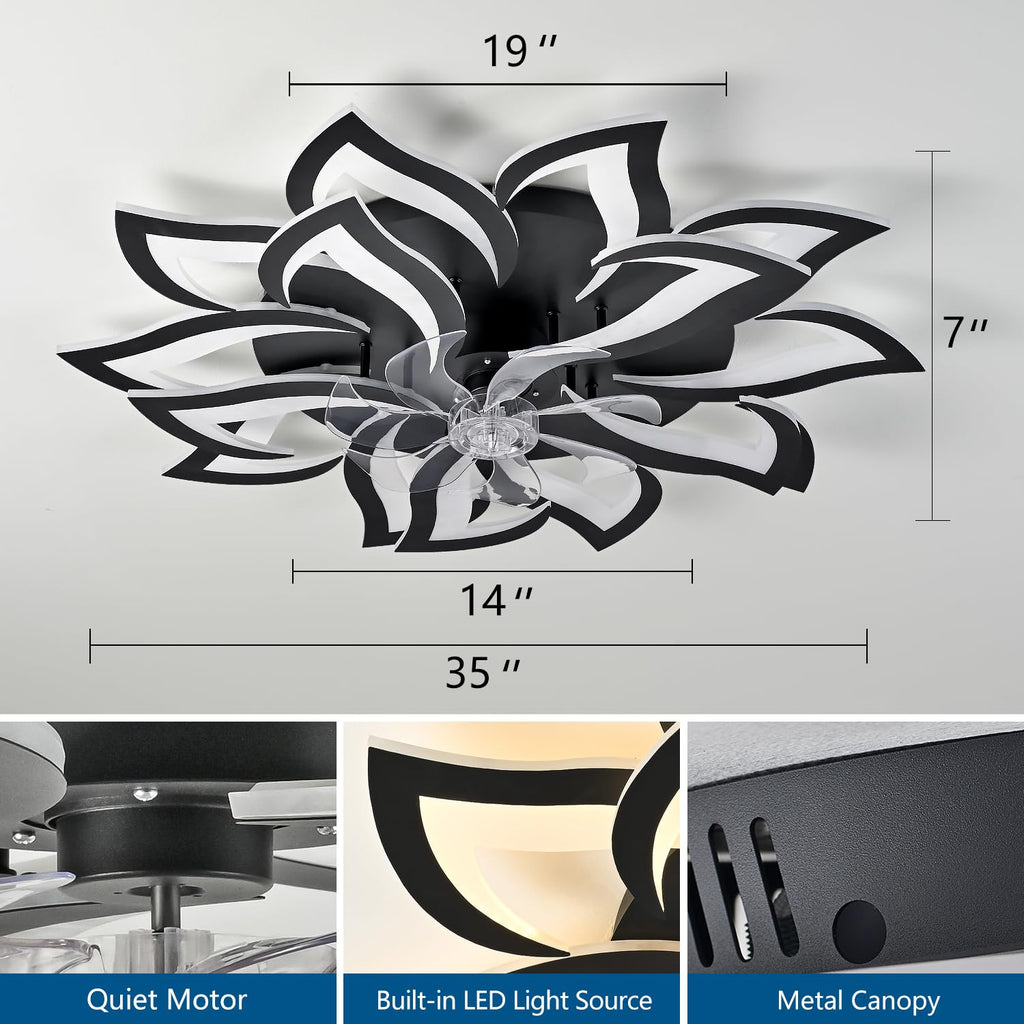Dalouguan 35" Black Modern Ceiling Fan with Lights Remote Control, 6 Speeds 3 Light Color Low Profile Flush Mount Ceiling Fan with Light for Kitchen Bedroom