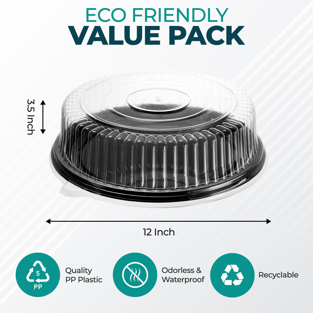 12" Catering Trays with Lids [10 Pack], Black Serving Tray with Clear Lid, Plastic Disposable Round Party Trays and Platters, Flan Containers with Lids, Dessert Sandwich Cookie Food Trays for Parties