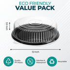 12" Catering Trays with Lids [10 Pack], Black Serving Tray with Clear Lid, Plastic Disposable Round Party Trays and Platters, Flan Containers with Lids, Dessert Sandwich Cookie Food Trays for Parties