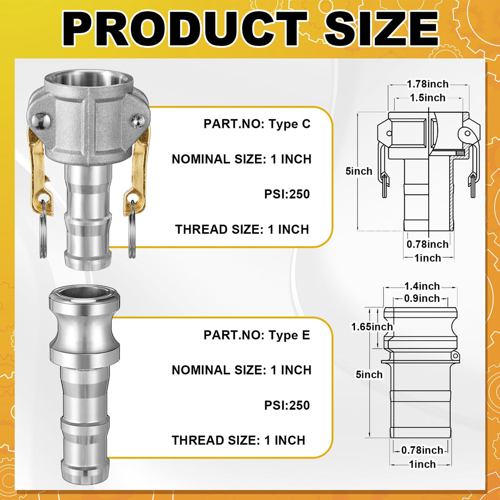 Innconee 2 Set Camlock Fittings Type C&E 1 Inch Aluminum Cam and Groove Hose Fitting Kit include 1" Female Coupling Cam Lock, 1" Male Adapter Camlock, Gasket, Hose Clamps for Industrial