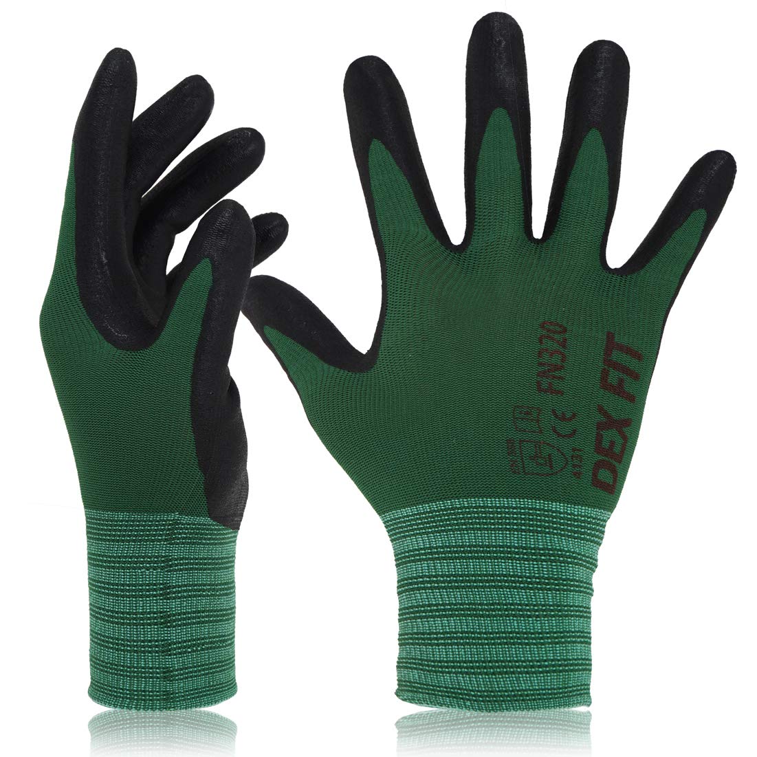 DEX FIT Premium Nylon Nitrile Work Gloves FN320, 3 Pairs, 3D-Comfort Stretchy Fit, Firm Grip, Thin & Lightweight, Durable, Breathable & Cool, Machine Washable; Forest Green 8 (M)