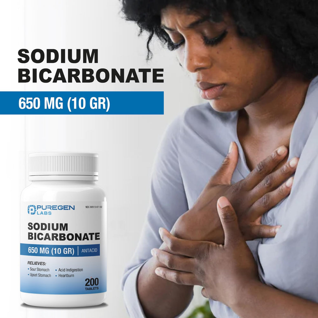 Puregen Labs Sodium Bicarbonate Tablets 650mg (10 Grains) - Total 600 Count | Baking Soda Supplement, Natural Relief of Acid Indigestion, Heartburn, Sour Stomach & Upset Stomach
