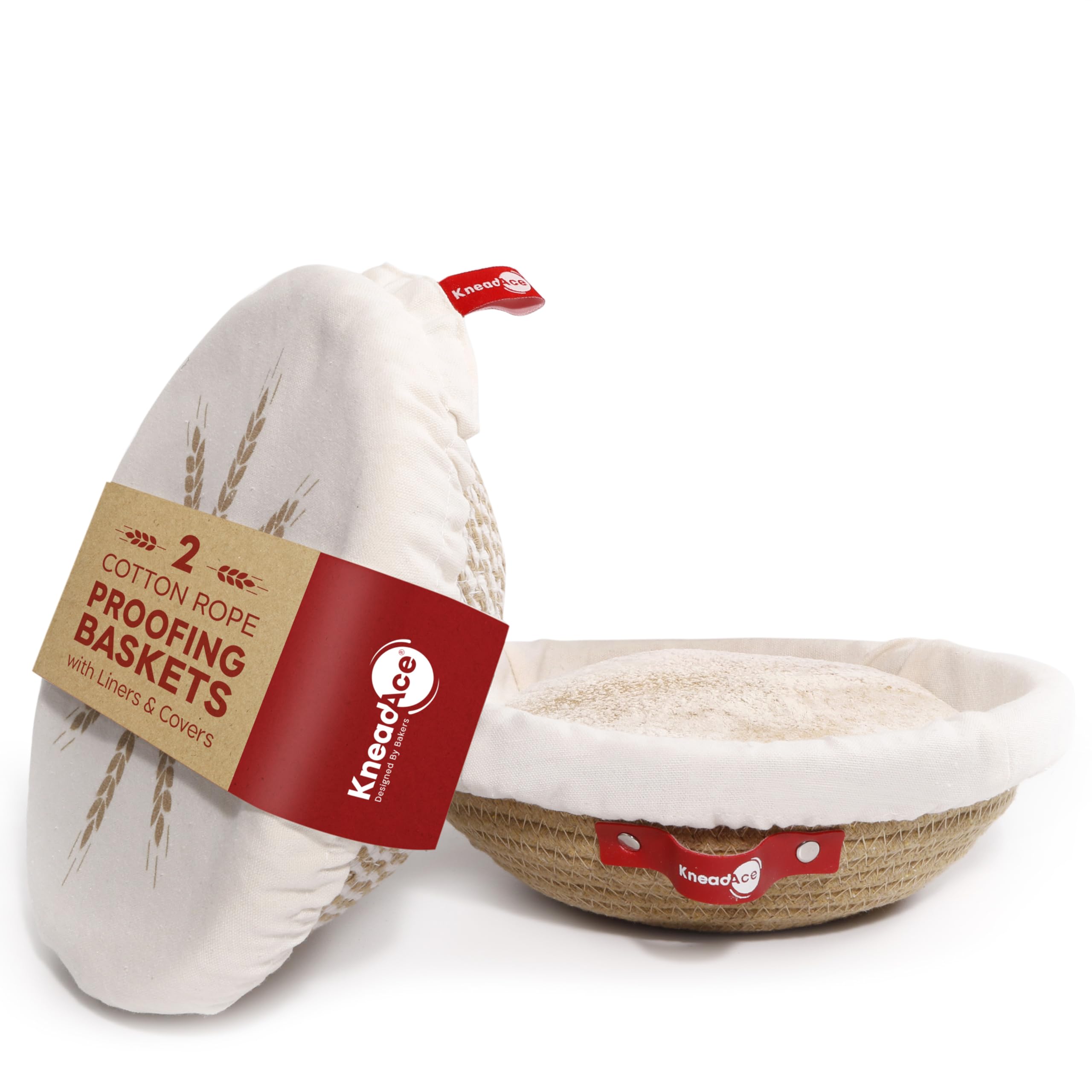 KneadAce Cotton Rope Banneton Bread Proofing Basket Set, 2 x Round Bread Basket with Liners & Covers for Artisan Bread Baking, Sourdough Bread Baking Supplies