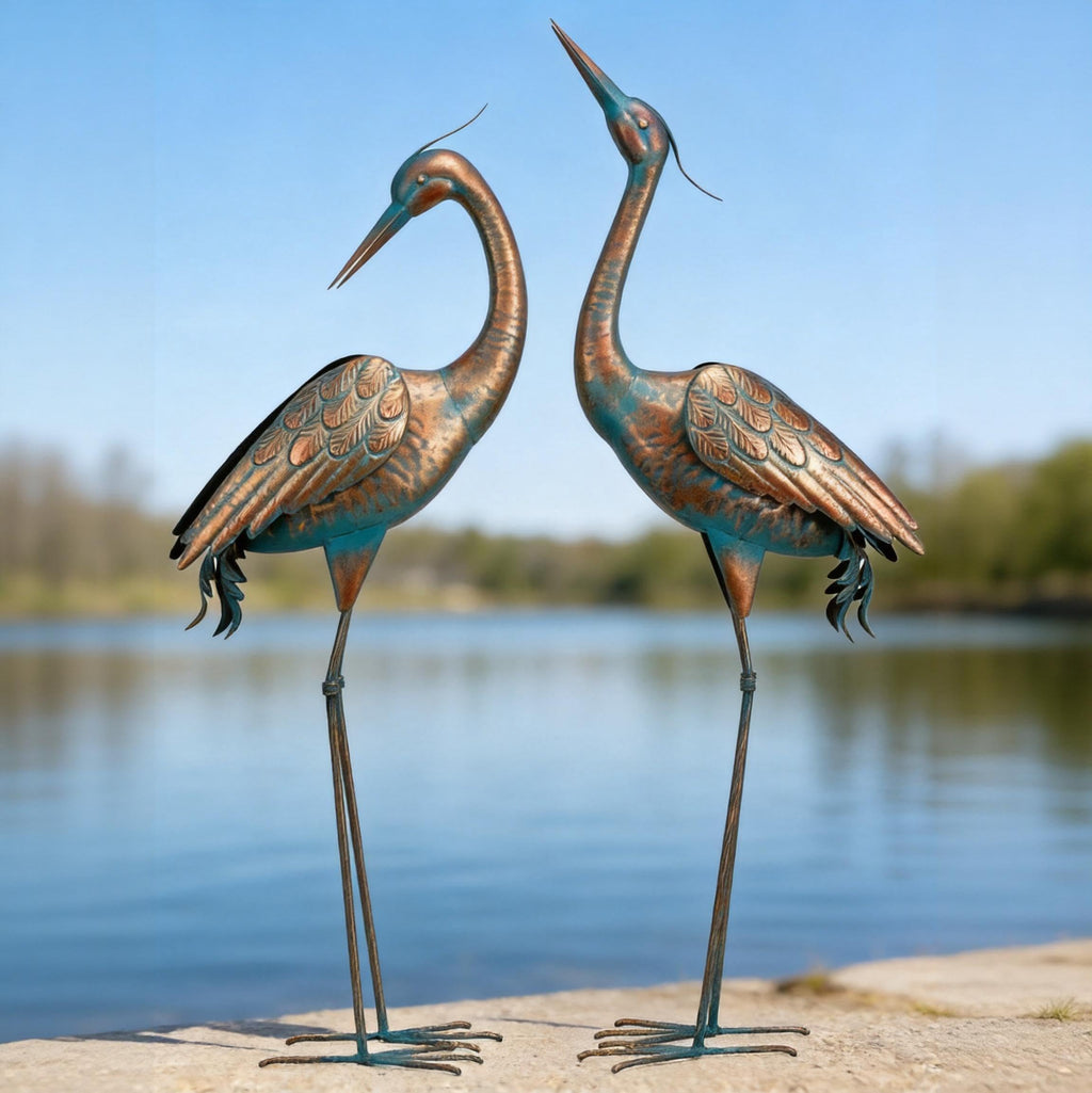 chisheen Garden Crane Statues Blue Heron Metal Yard Art Outdoor Decoration,Large Sculptures for Lawn Patio Porch,39-44 inch,Set of 2
