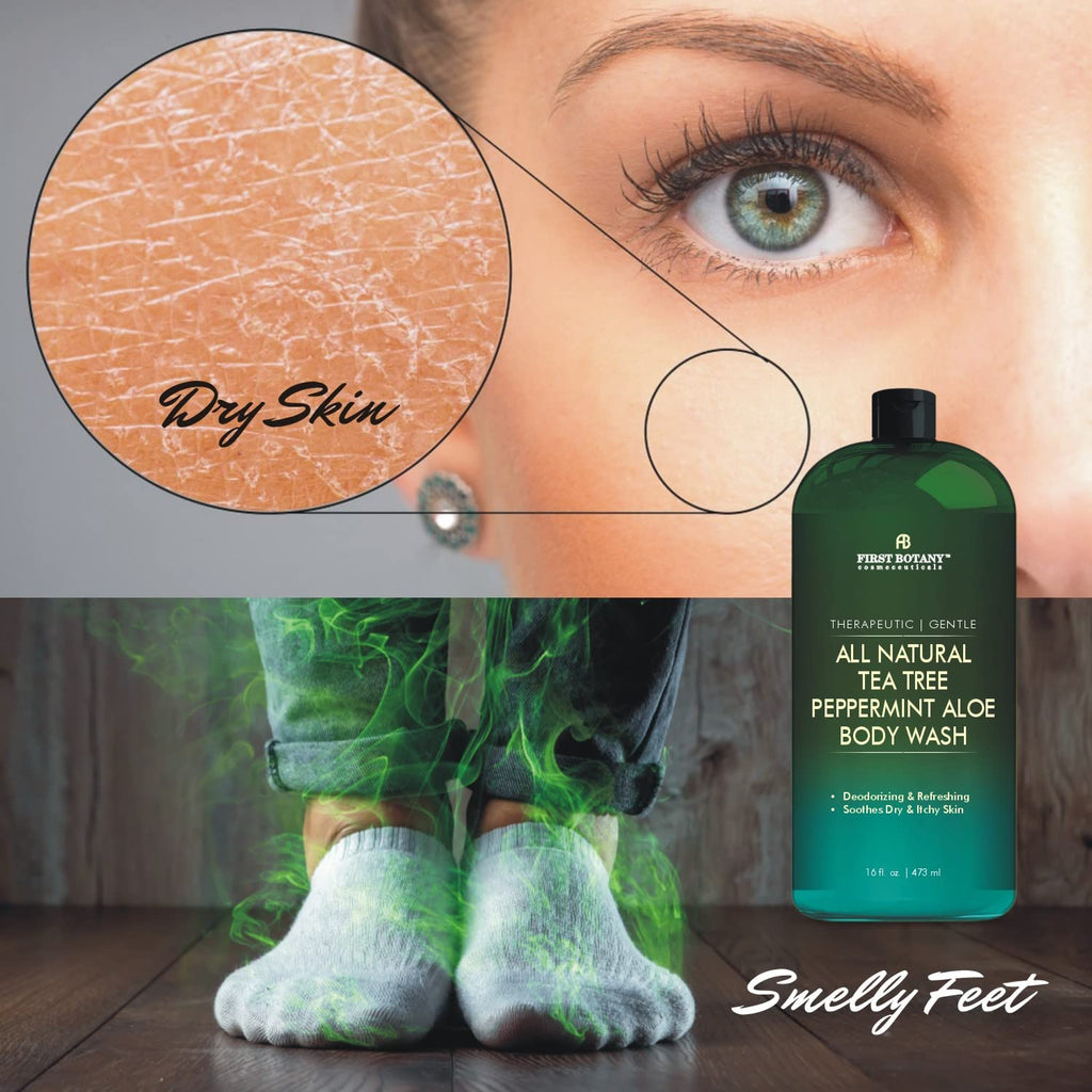 First Botany, ALL Natural Body Wash - Fights Body Odor, Athletes Foot, Jock Itch, Nail Issues, Dandruff, Acne, Eczema, Shower Gel for Women & Men, Skin Cleanser -16 fl oz (Tea Tree Mint)