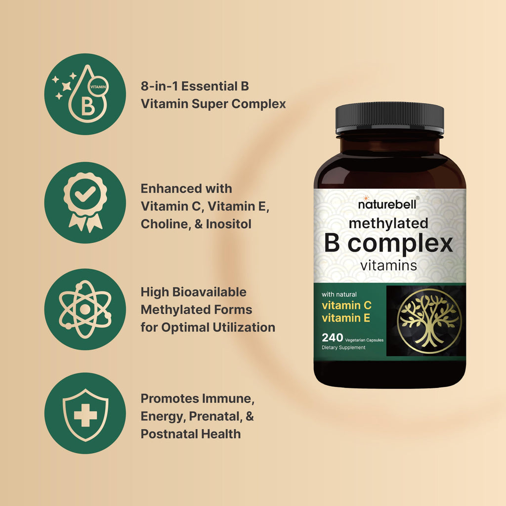 NatureBell Methylated B Complex Vitamins - 240 Vegetarian Capsules - High Bioavailability 12-in-1 Formula - for Immune Health & Energy Support* - Non-GMO & Gluten-Free