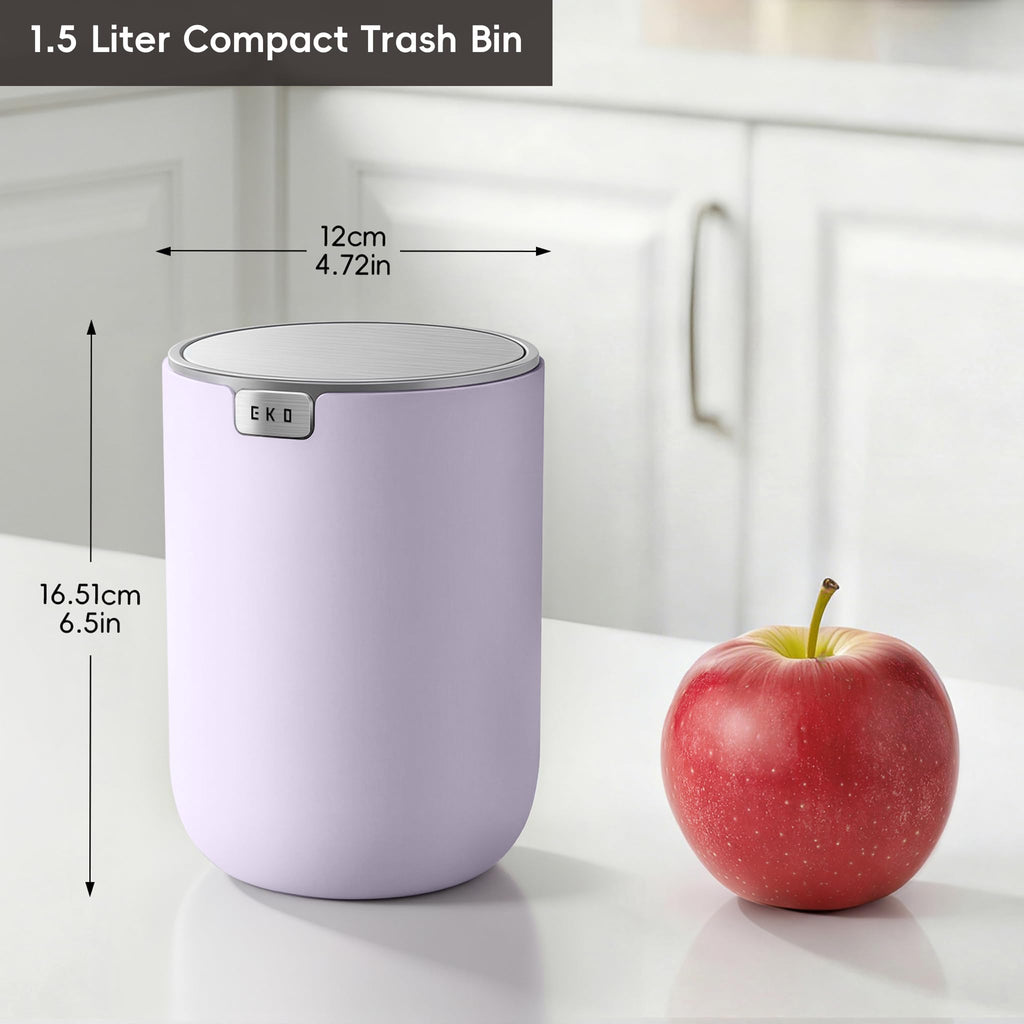 EKO Fandy 0.4 Gal/1.5L Mini Tabletop Trash Bin with Swing-Lid, Desktop Trash Can for Bathroom Countertop, Vanity, Coffee or Office, Small Garbage Bin (Lavender)