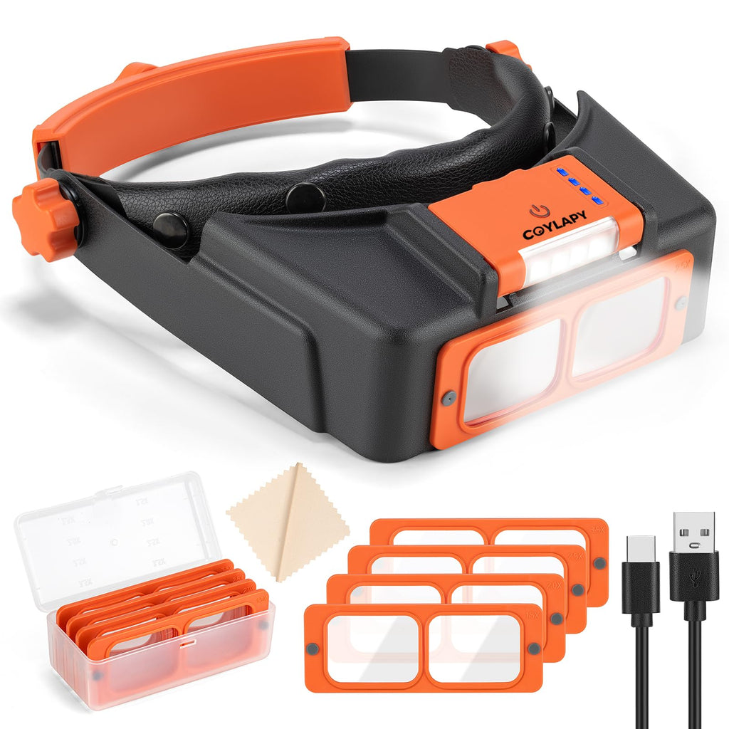 Headband Magnifier with Light, Rechargeable Magnifying Glasses for Close Work, 1.5X - 3.5X Magnify Headset with 4 Lenses, Jewelers Magnifying Glass Loupe Visor for Reading,Crafts, Hobby