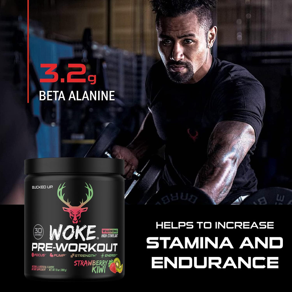 Bucked Up - Woke - HIGH STIM Pre Workout - Best Tasting - Focus Nootropic, Pump, Strength and Growth, 30 Servings (Strawberry Kiwi)