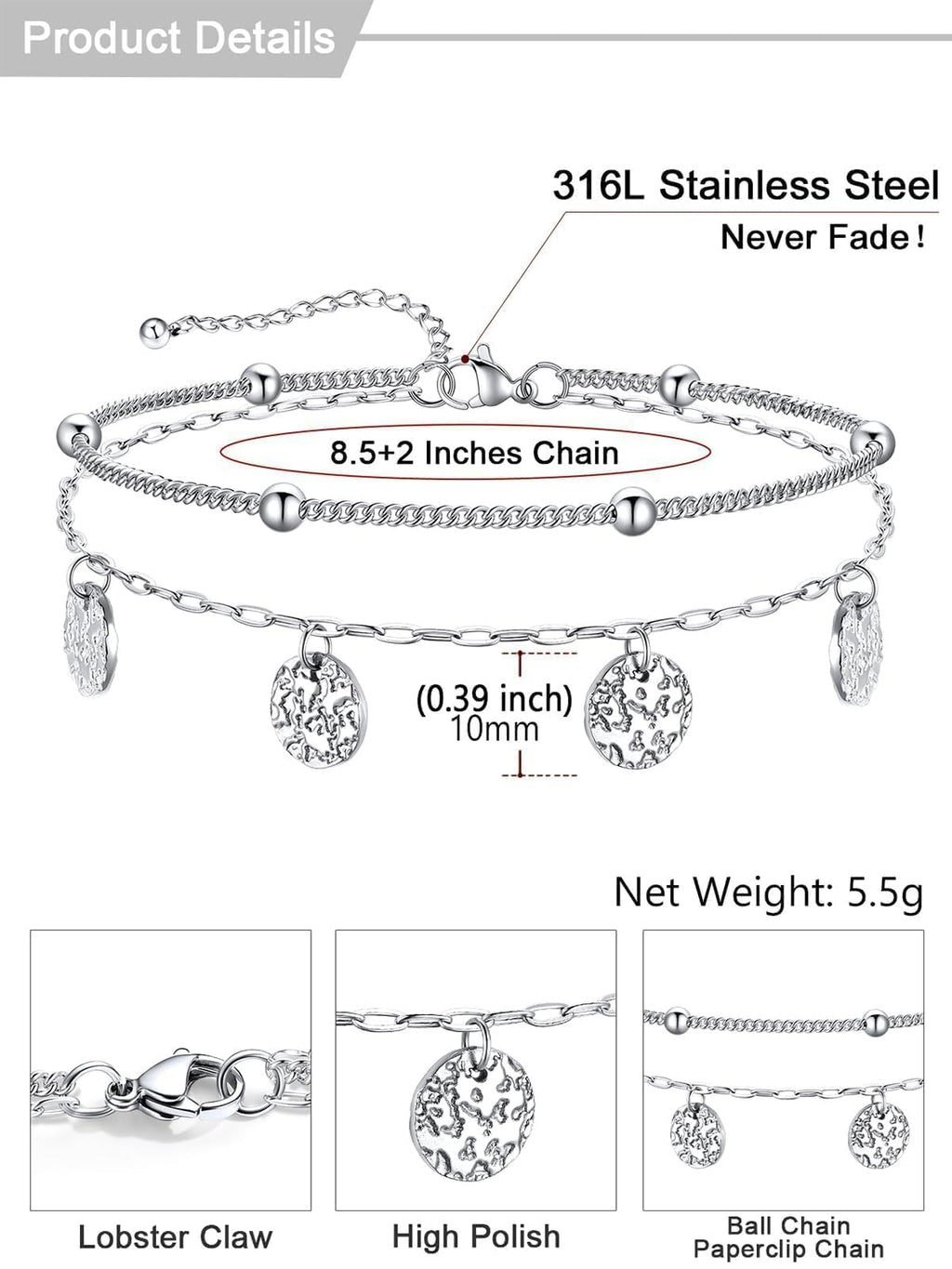 U7 Silver Anklets for Women Layered Gold Chain Anklet Lightweight