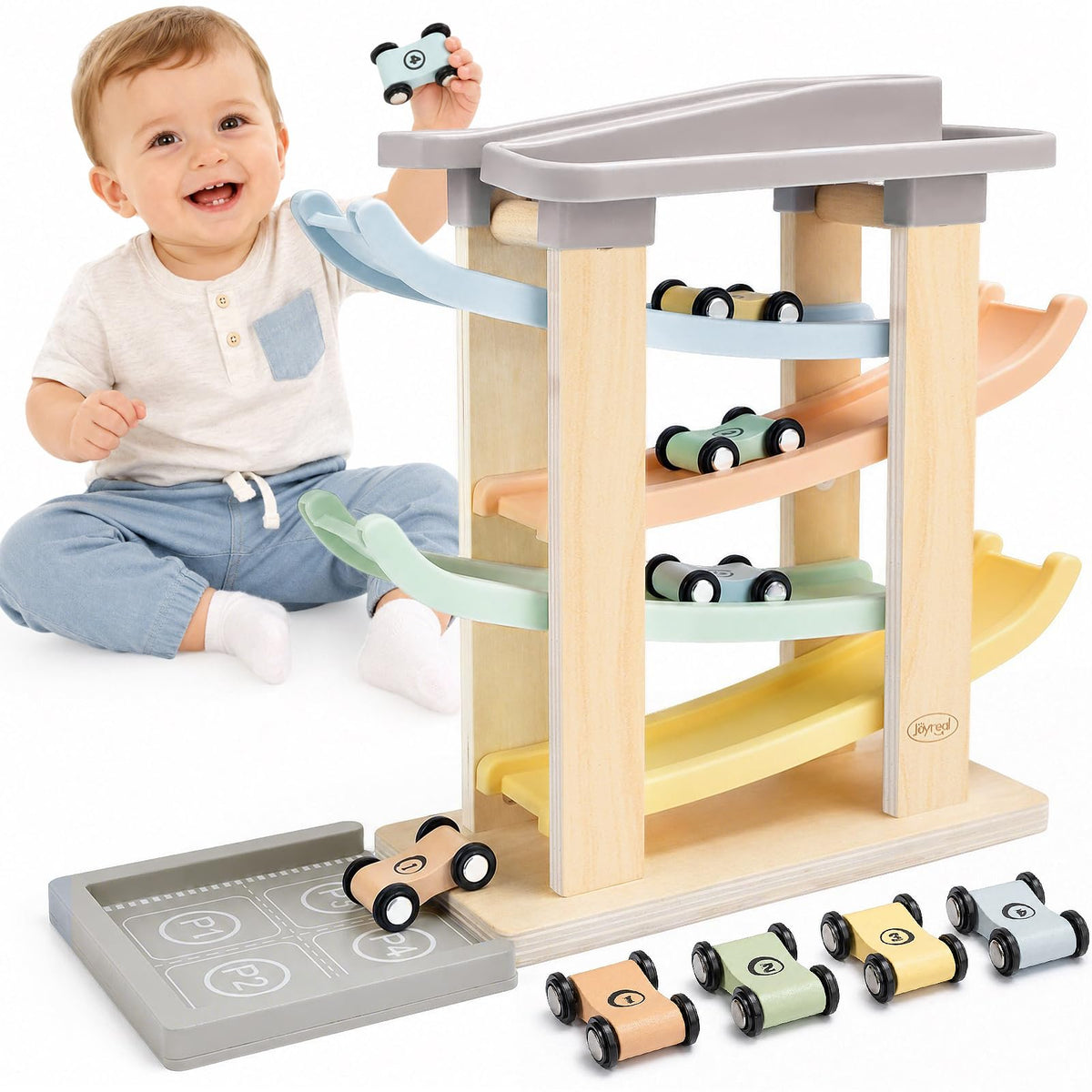 Joyreal Montessori Toddler Toys for 1+ Year Old Boys Girls Wooden Car Ramp