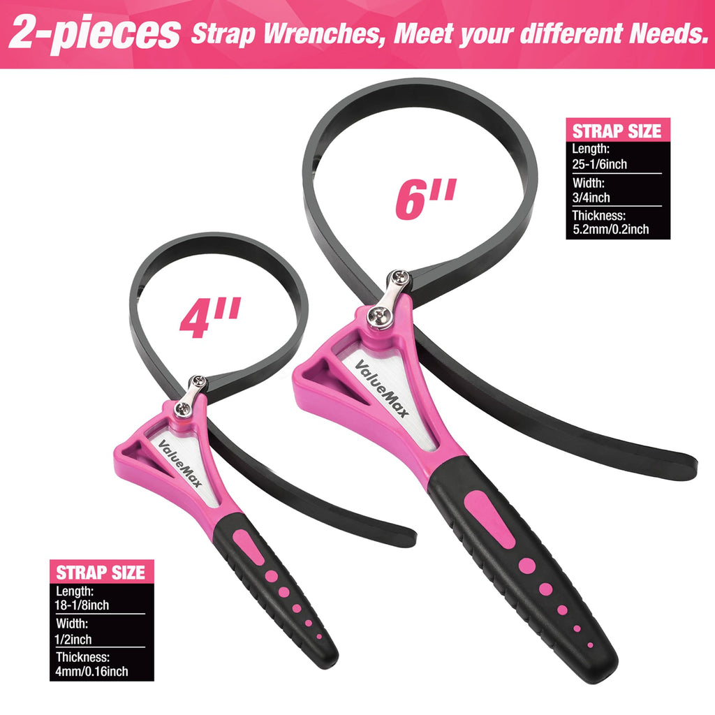 ValueMax 2-piece Strap Wrench Set, Adjustable Oil Filter Wrench with Max Diameter 4" (Small) and 6"(Large), Jar Opener, Pipe, Plumbing, Purple