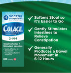 Colace 2-in-1 Stool Softener Plus Stimulant Laxative Tablets, 60 Count (Pack of 1), Gentle Constipation Relief, Docusate Sodium Plus Sennosides