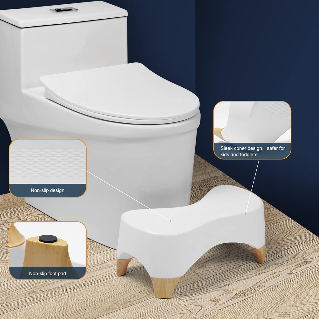 Toilet Stool Squat Adult,Gligam Poop Stool for Bathroom,Bearing 550 lbs Weight,Toilet Step Stool, Potty Stool for Adults and Kids,Non-Slip Simple Design,7" Tall (White/Bamboo Color)