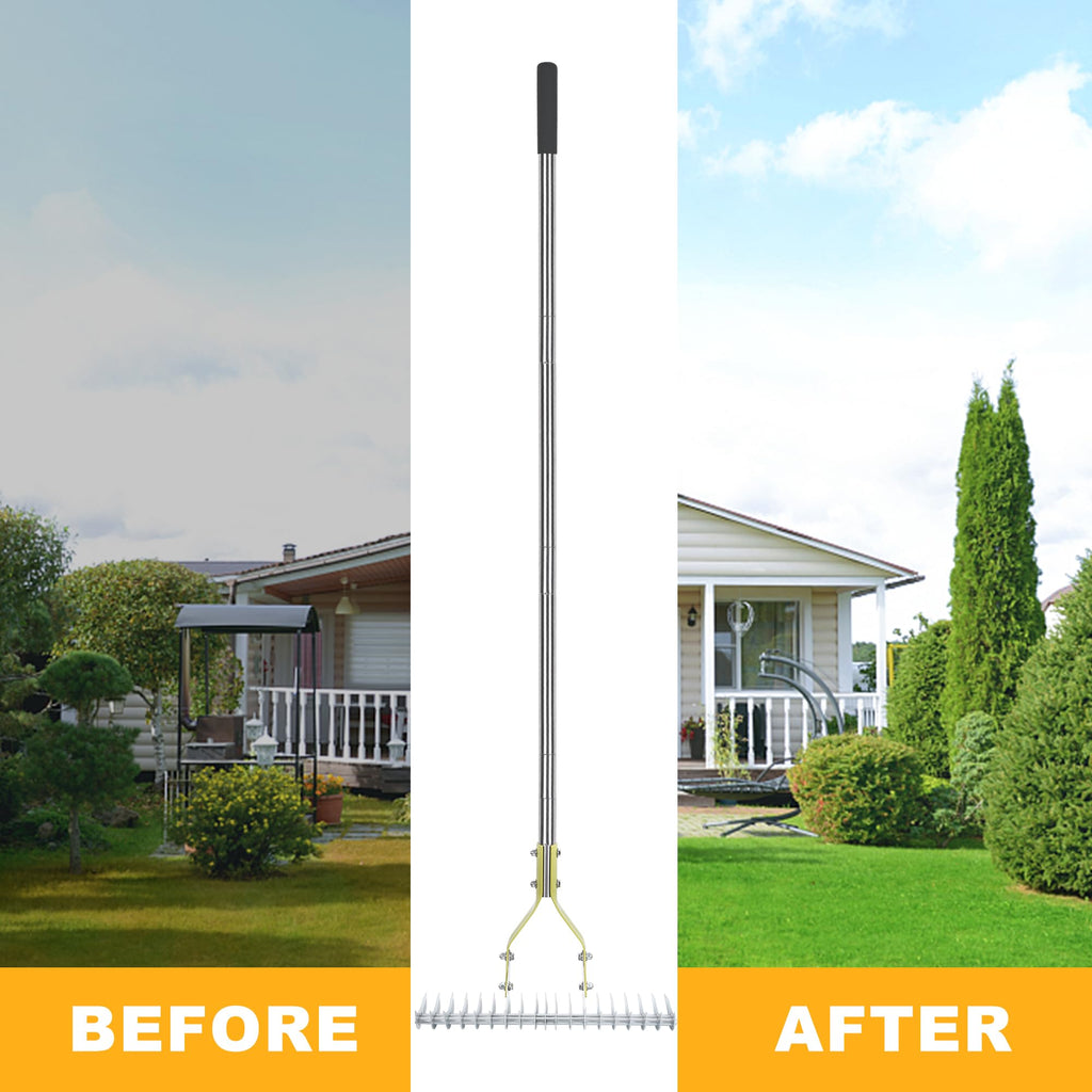 BARAYSTUS Thatch Rake Dethatcher - 15-Inch Wide Lawn Rake for Dead Grass Removal, Stainless Steel Adjustable Handle Garden Rake for Soil Loosening, Aeration & Thatching, 58.5-Inch Length