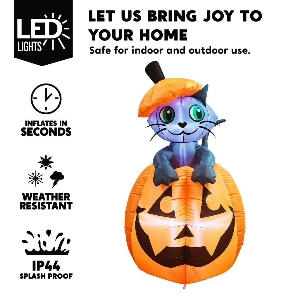 Joiedomi 5 FT Animated Pumpkin Inflatables, Outdoor Blow Up Cat On Pumpkin with LEDs for Yard, Outdoor Inflatable Halloween Decorations, Blow Up Halloween Decor for Outside