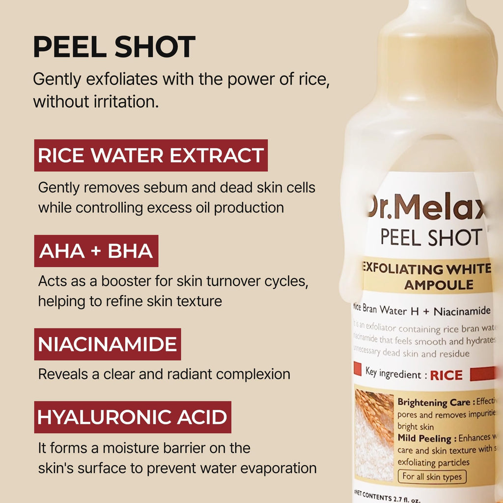 Dr.Melaxin Peel Shot Glow White Rice Peeling Ampoule with Rice Extract & AHA BHA, Gentle Exfoliating Serum for Sebum Control, Niacinamide & Hyaluronic Acid, Korean Skincare, 2.71 fl.oz