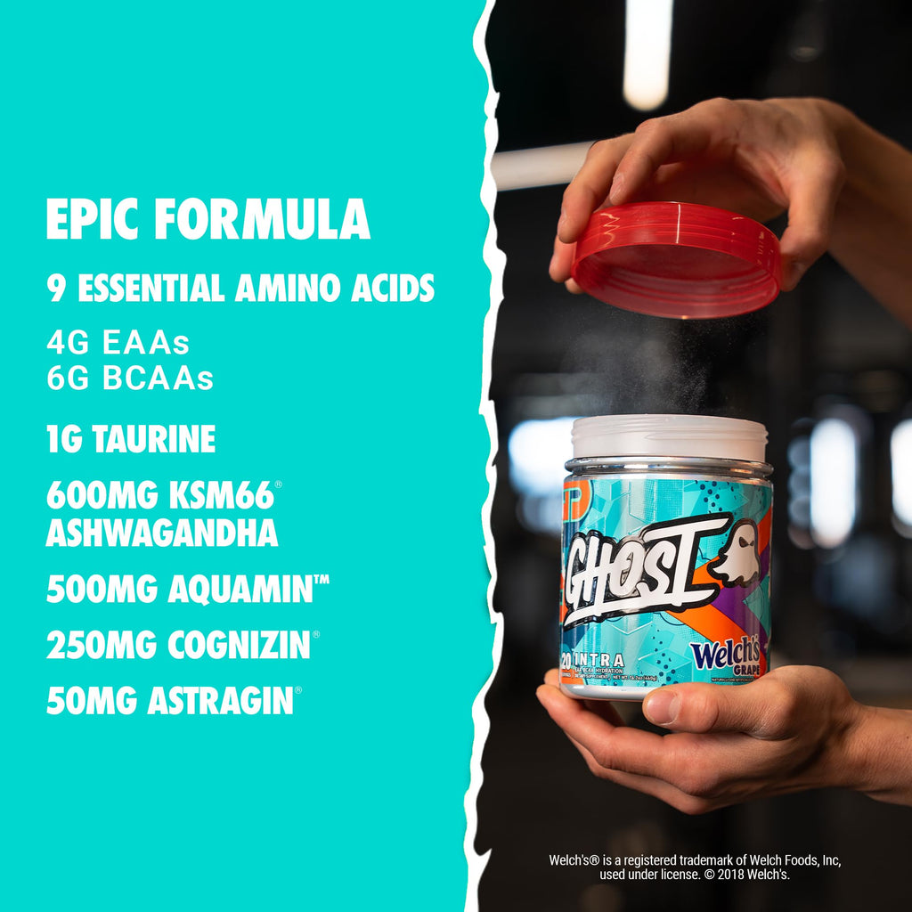 GHOST Intra Workout Powder, Welch's Grape - BCAAs &, EAAs, Nootropics & Hydration - Essential & Branch Chain Amino Acids Supports Muscle Recovery & Focus - Pre, Intra & Post Workout Powders