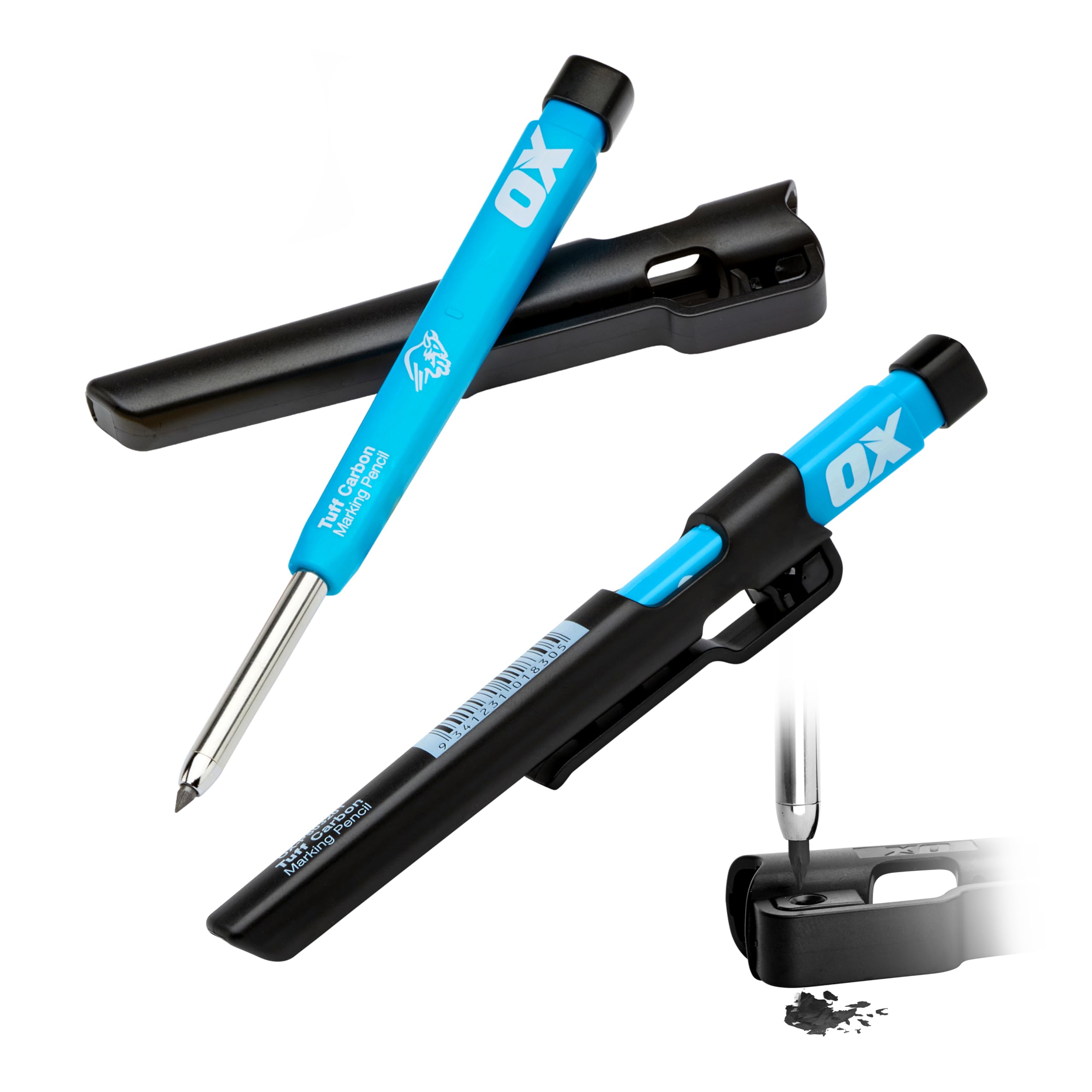 OX Tools 2 Carpenter Pencils Set Pro Tuff Carbon Marking Pencil Mechanical Construction Pencil With 2 Leads Included & Holder & Sharpener Belt Clip