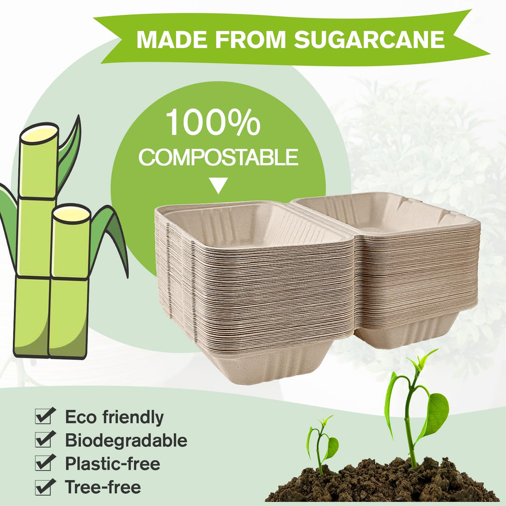 ECOLipak 75 Pack Clamshell Take Out Food Containers, 100% Compostable To Go Containers Disposable, 9X6 inch Heavy-Duty To Go Boxes, Eco-Friendly Biodegradable To Go Containers For Food