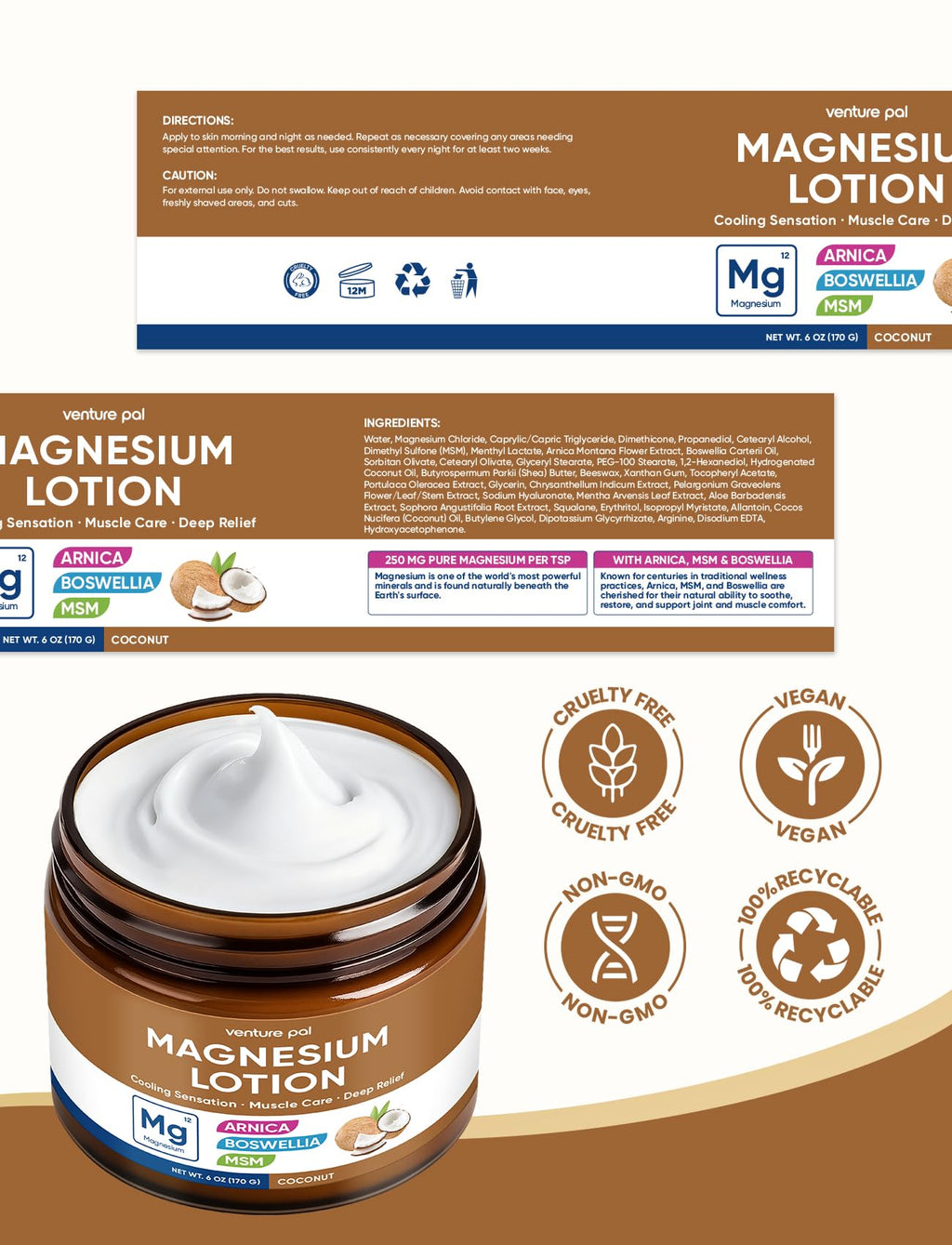 Magnesium Lotion with Arnica, MSM & Boswellia – Cooling Comfort & Relaxation, Magnesium Cream for Muscles & Joints – Ideal for Legs or Feet - Safe for Kids – 6 fl oz