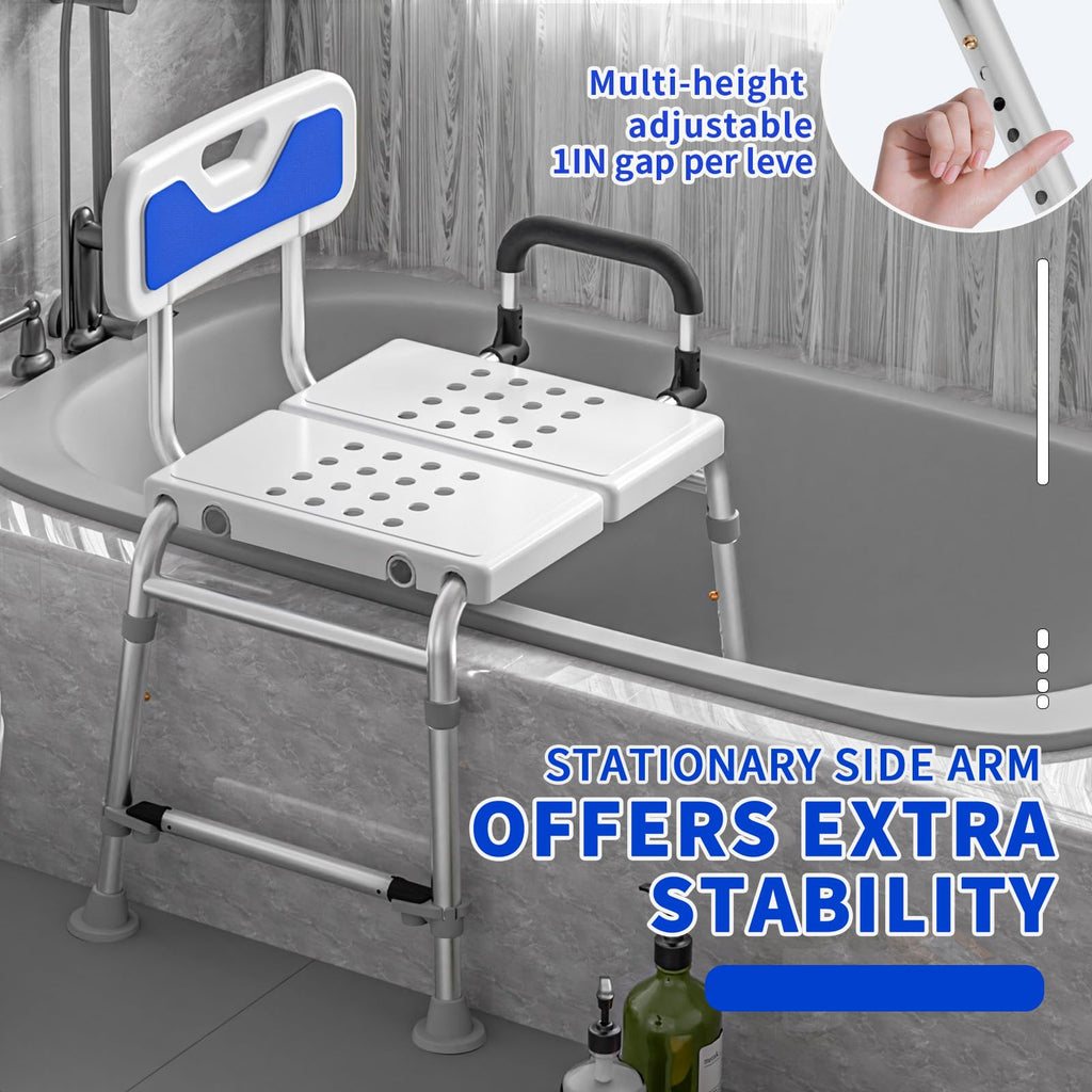 Drseats Heavy Duty Width Adjustable Bath Tub Transfer Shower Bench for Inside Tub Extended Shower Chair with Adjustable Height and Reversible Backrest Handicap Bath Seat for Elderly and Disabled