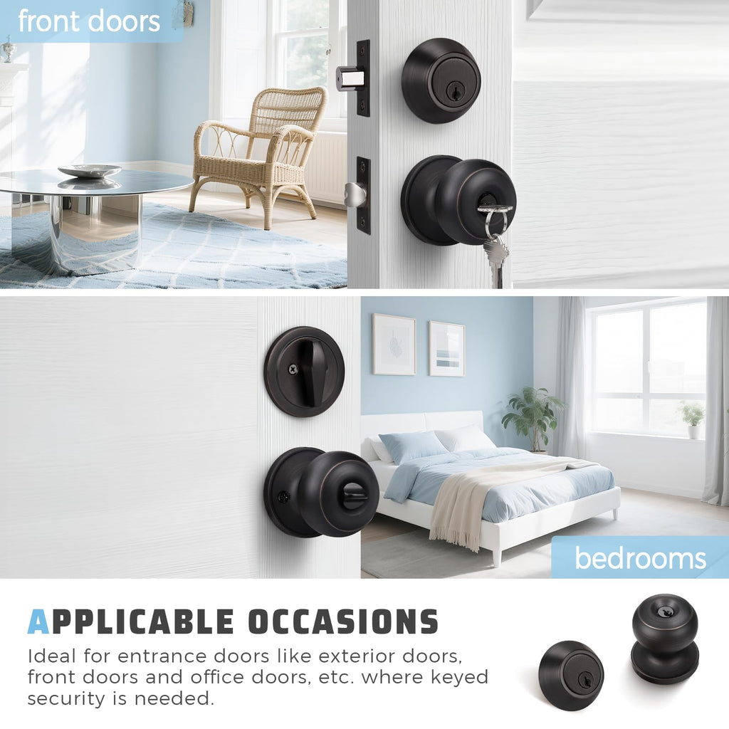 KNOBWELL Keyed Entry Door Knob and Single Cylinder Deadbolt Combo Set, Exterior Door Knobs for Entrance and Front Door, Keyed Alike Knob and Deadbolt, Oil Rubbed Bronze, 10 Pack