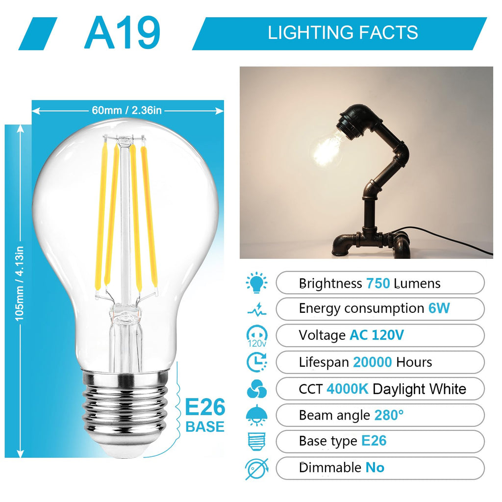 Ascher 60 Watt Equivalent, E26 LED Filament Light Bulbs, Daylight White 4000K, Non-Dimmable, Classic Clear Glass, A19 LED Light Bulb with 80 CRI, Pack of 6