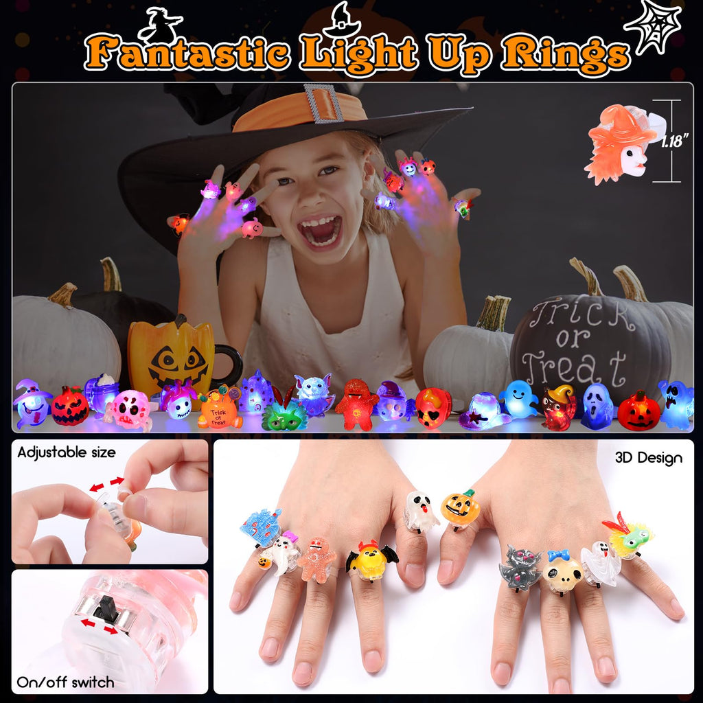50pcs 3D Halloween Treats Toys Light Up Rings Gifts Halloween Party Favors