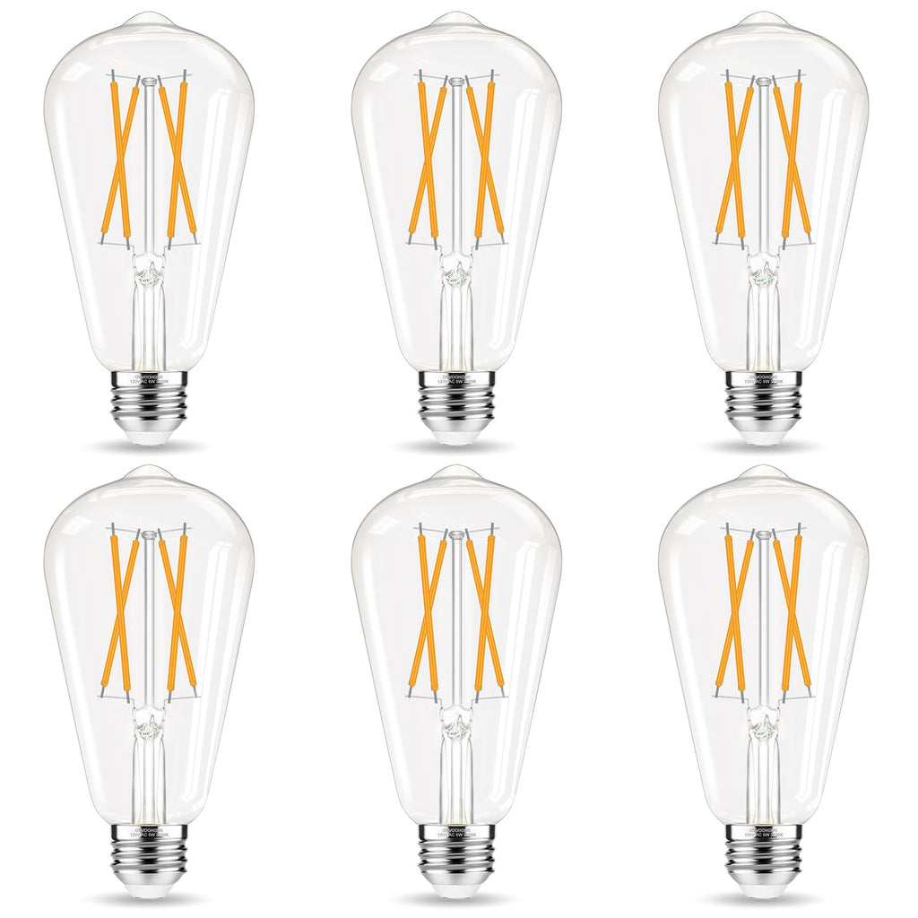 GvvooHome LED Edison Bulbs, E26 Bulb 60 watt Equivalent, Non-Dimmable, Soft White 2700K, ST58 Vintage Light Bulbs, 90+ CRI, 6W 600LM, E26 Medium Base, Clear Glass, 6 Pack