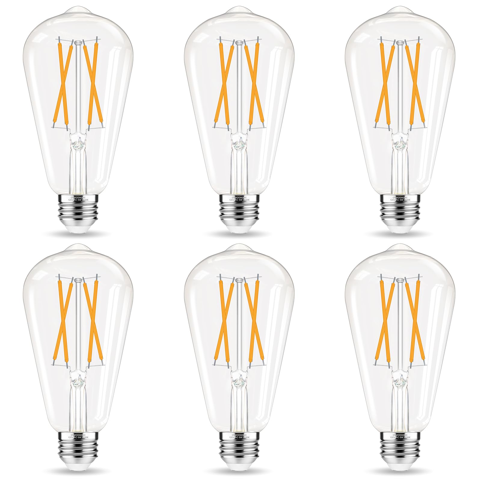 GvvooHome LED Edison Bulbs, E26 Bulb 60 watt Equivalent, Non-Dimmable, Soft White 2700K, ST58 Vintage Light Bulbs, 90+ CRI, 6W 600LM, E26 Medium Base, Clear Glass, 6 Pack