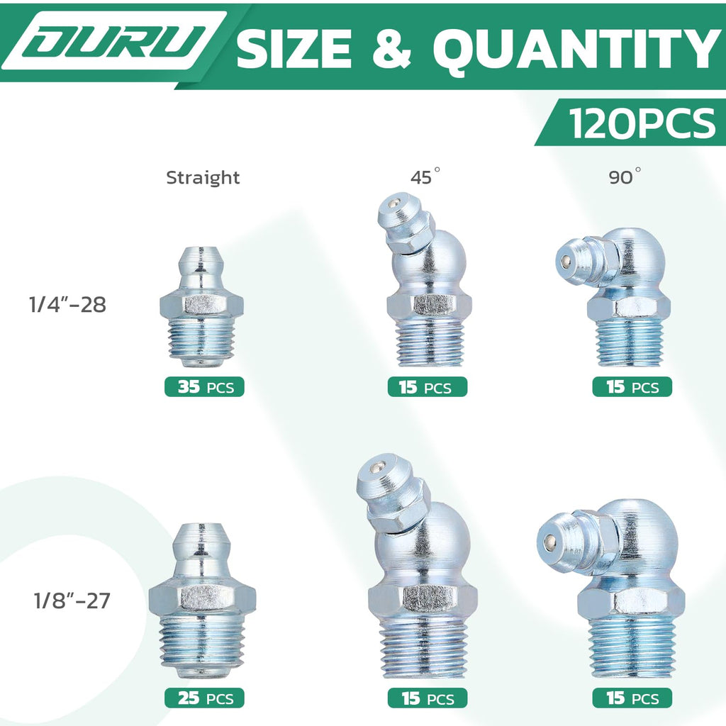 OURU Grease Fittings Assortment, 120PCS SAE Zerk Grease Fittings NPT 1/4" 1/8", Straight 45 90 Degree Grease Nipple for Grease Gun