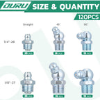 OURU Grease Fittings Assortment, 120PCS SAE Zerk Grease Fittings NPT 1/4" 1/8", Straight 45 90 Degree Grease Nipple for Grease Gun