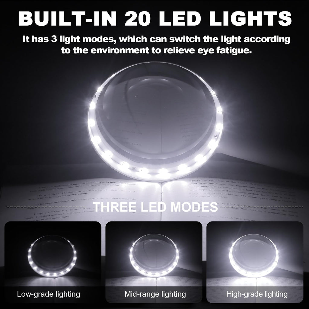 30X Charge Magnifier with Light, NUEYiO 4.33Inch Large Handheld Magnifying Glass with Light, 20 Daylight LEDs & Third Gear Dimming Lighted Magnifying Glass for Seniors Reading Inspection Coin Jewelry