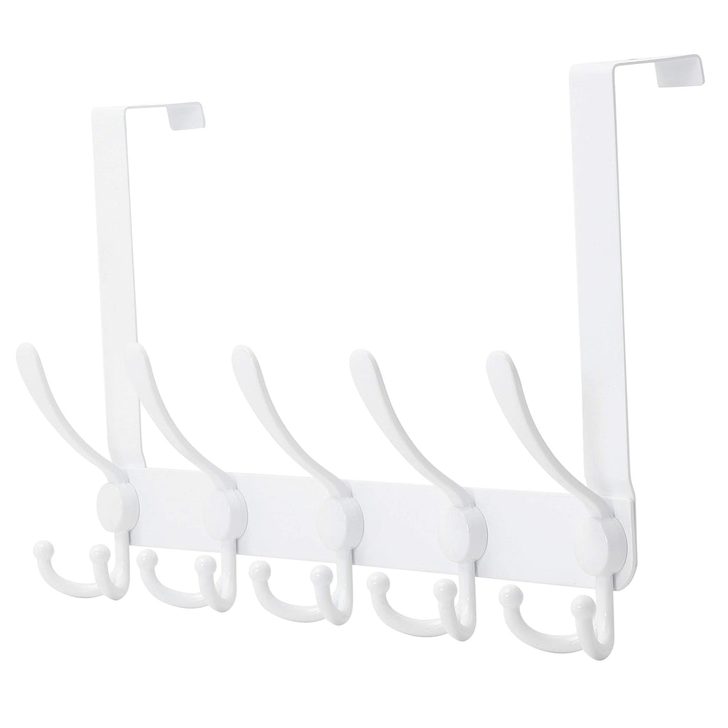 Dseap Over The Door Hook Hanger - Fits 1 3/8" to 1 3/4" Standard Doors | 5 Tri Hooks Heavy Duty Towel/Coat Rack | Door Organizer for Clothes, Jackets, Hats, Towels, White