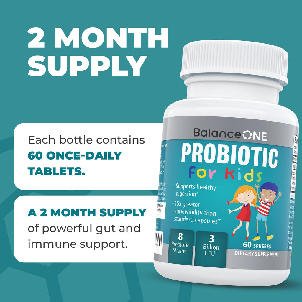 Balance ONE Time-Release Kids Probiotic – Up to 15x Better Survivability – 3 Billion CFU – Gut & Digestive Support for Children – Sugar Free, Easy to Swallow, 2 Month Supply