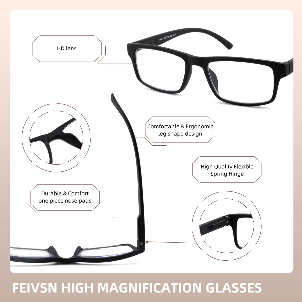 FEIVSN High Magnification Reading Glasses for Men Women with Strong Power TR Readers 4.0 4.50 5.0 5.50 6.0 6.50 7.0 8.0, Black + Tortoiseshell, 8.00