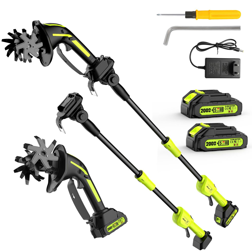 GARDTECH 2-in-1 Cordless Tiller Cultivator, 235RPM Powered Tiller with 3.5ft Extension Pole, 2×2.0Ah Rechargeable Batteries, 4-Inch Tilling Width & Depth, Mini Powerful Tiller for Gardening, Lawn