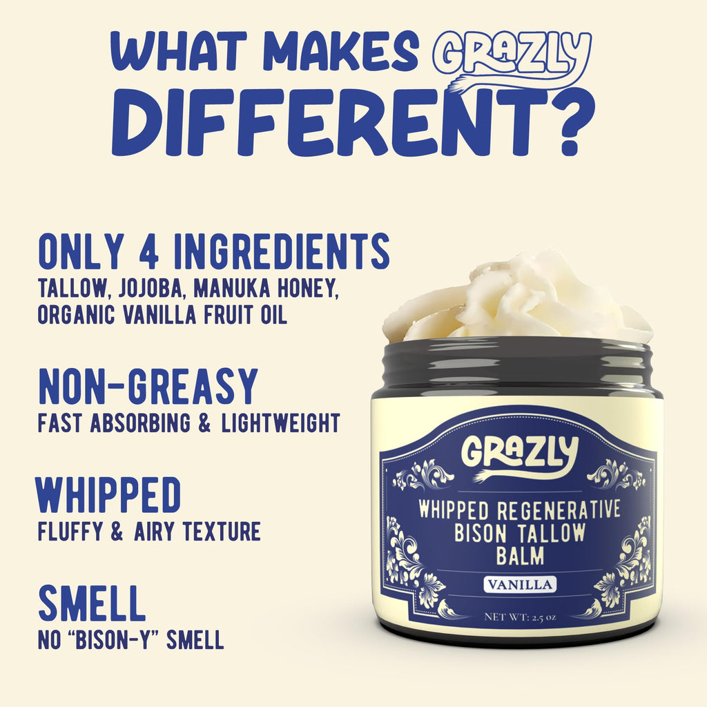 Grazly Whipped Bison Tallow Balm w/Manuka Honey, Jojoba, Organic Vanilla - Grass-Fed & Finished Organic Tallow Face Moisturizer - Face & Body Cream for Acne-Prone Skin - Nourishing Skincare (2.5 oz)