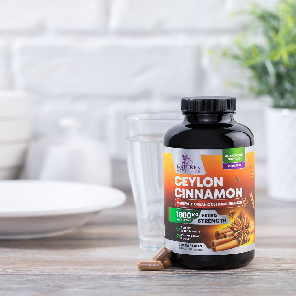 Organic Ceylon Cinnamon Supplement 1800mg - Extra Strength Certified Organic Ceylon Cinnamon Powder Pills - Energy & Heart Support Antioxidant for Women & Men, Bottled in USA, Non-GMO - 240 Capsules