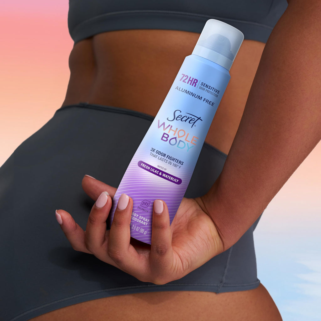 Secret Aluminum Free Whole Body Deodorant Spray for Women, 72hr Sensitive Freshness & Odor Defense, PH Balanced, Invisible Protection, Safe to Use Everywhere, Fresh Lilac & Waterlily Scent, 3.5 oz