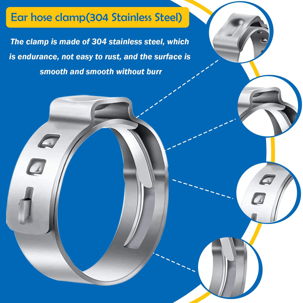 Seept 130Pcs 12-Sizes 304 Stainless Steel Single Ear Hose Clamps with Ear clamp plier 6-36.1mm Crimp Hose Clamps Assortment Kit for Auto/Home Appliance/Pipe/Fuel Line Stepless hose clamp with pincer