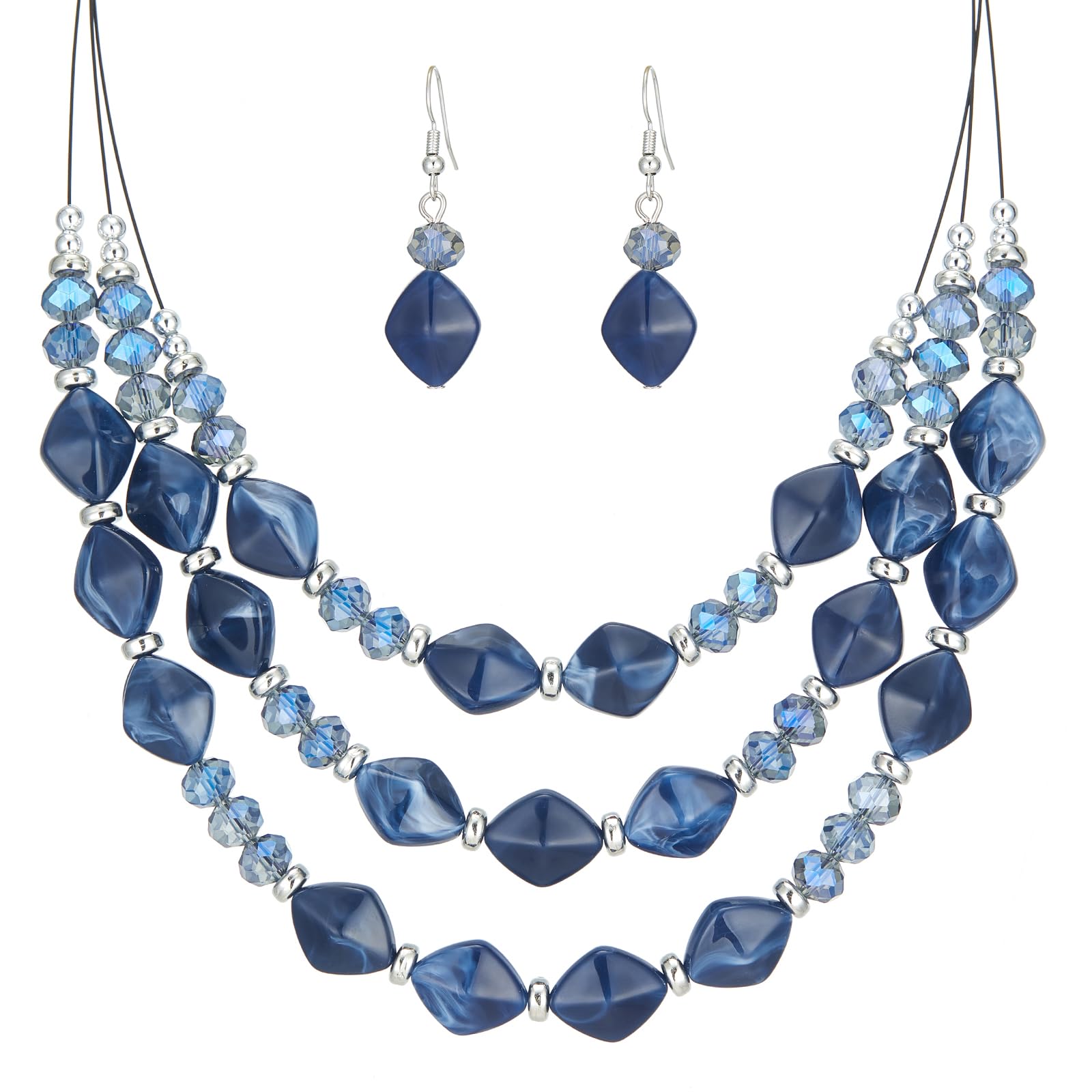 3 Layered Chunky Statement Necklace for Women Beaded Strand Necklaces with Earring Fashion Costumes Collar Necklace Jewelry Sets Gifts for Women(Blue)