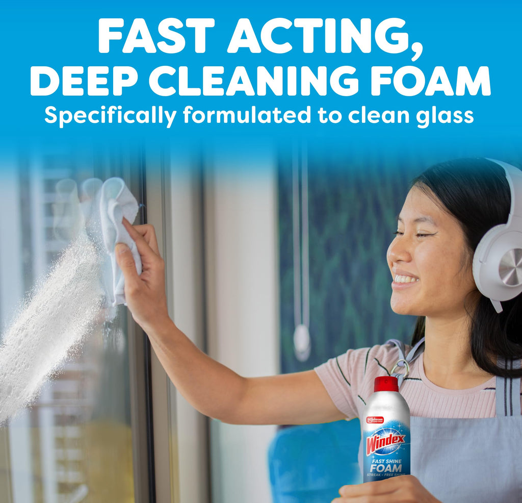 Windex Fast Shine Foam Glass Cleaner, No-Drip Windows, Doors, Mirrors & Countertops Aerosol Cleaning Spray, Streak-Free Shine, Removes Fingerprints, Dust, Dirt, Grime & More 19 oz (Pack of 1)